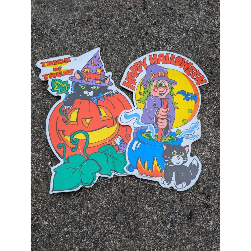 Vtg Halloween Yard Art Sign Stake 24"‎ ghost cat Witch Couldron 93 Prismatic Lot